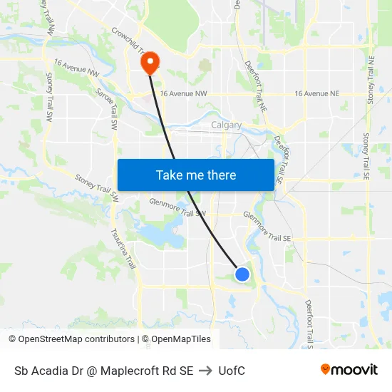 Sb Acadia Dr @ Maplecroft Rd SE to UofC map