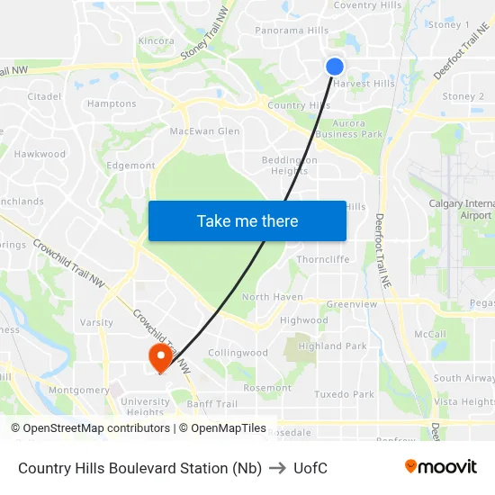 Country Hills Boulevard Station (Nb) to UofC map