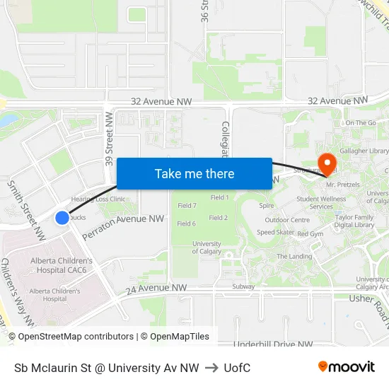Sb Mclaurin St @ University Av NW to UofC map