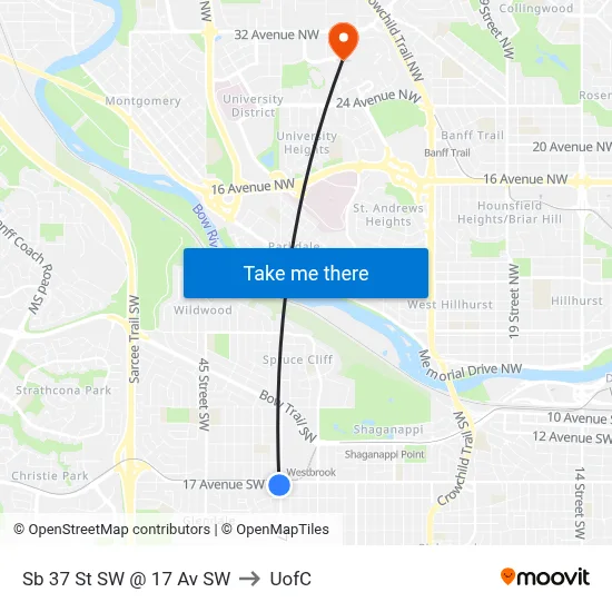 Sb 37 St SW @ 17 Av SW to UofC map