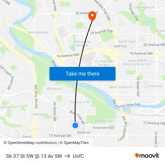 Sb 37 St SW @ 13 Av SW to UofC map