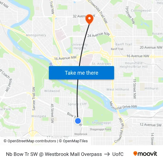 Nb Bow Tr SW @ Westbrook Mall Overpass to UofC map