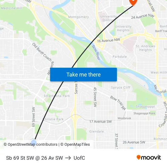 Sb 69 St SW @ 26 Av SW to UofC map