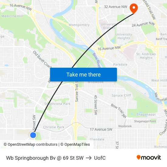Wb Springborough Bv @ 69 St SW to UofC map