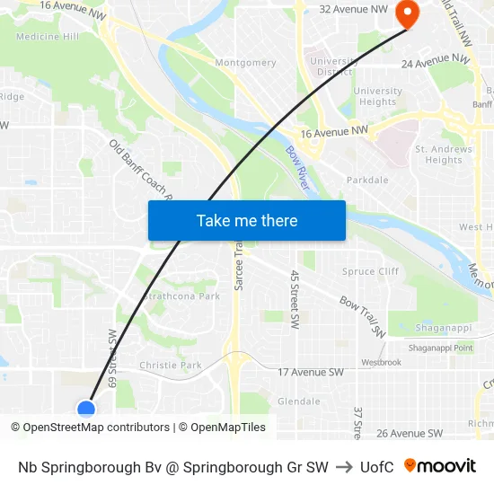 Nb Springborough Bv @ Springborough Gr SW to UofC map