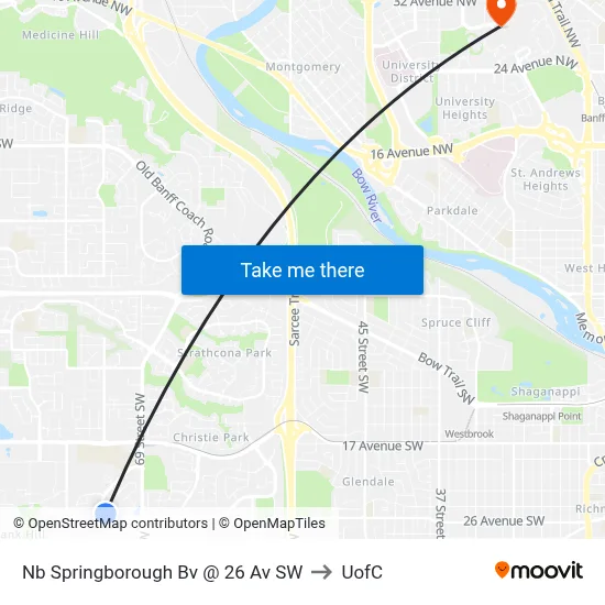 Nb Springborough Bv @ 26 Av SW to UofC map