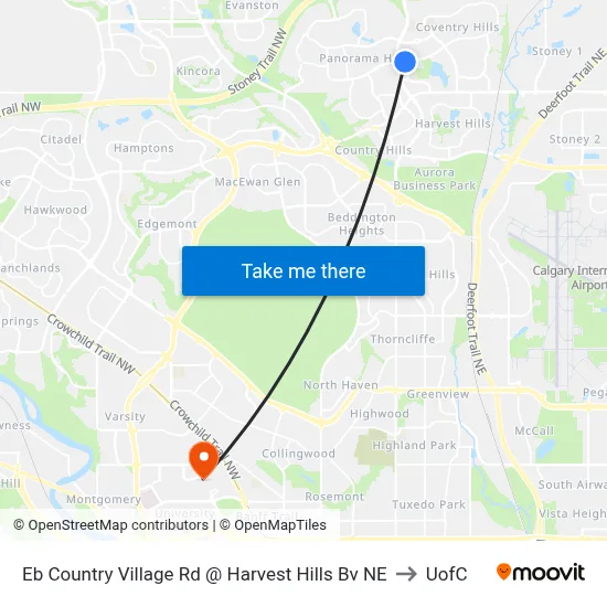 Eb Country Village Rd @ Harvest Hills Bv NE to UofC map