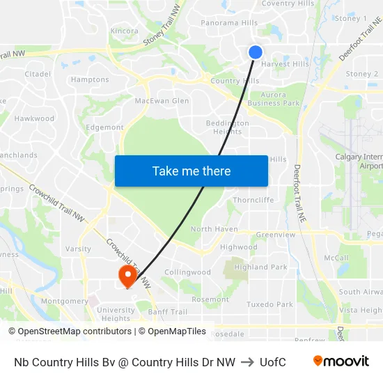Nb Country Hills Bv @ Country Hills Dr NW to UofC map