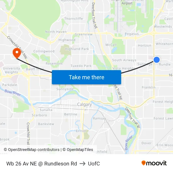 Wb 26 Av NE @ Rundleson Rd to UofC map