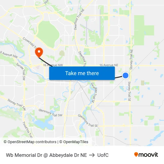 Wb Memorial Dr @ Abbeydale Dr NE to UofC map