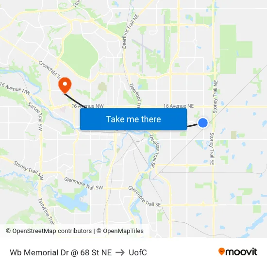 Wb Memorial Dr @ 68 St NE to UofC map