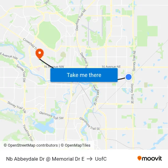 Nb Abbeydale Dr @ Memorial Dr E to UofC map