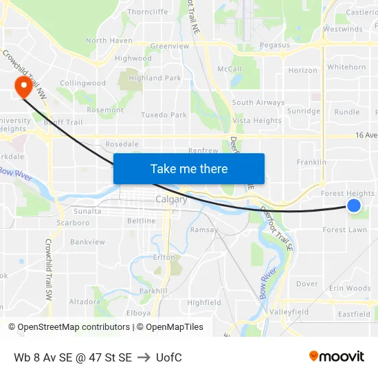 Wb 8 Av SE @ 47 St SE to UofC map