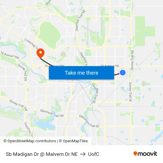 Sb Madigan Dr @ Malvern Dr NE to UofC map