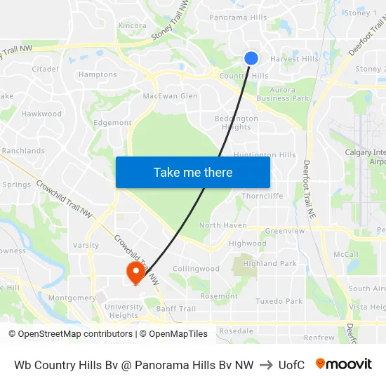 Wb Country Hills Bv @ Panorama Hills Bv NW to UofC map