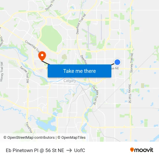 Eb Pinetown Pl @ 56 St NE to UofC map