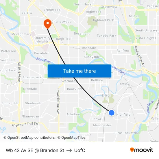 Wb 42 Av SE @ Brandon St to UofC map