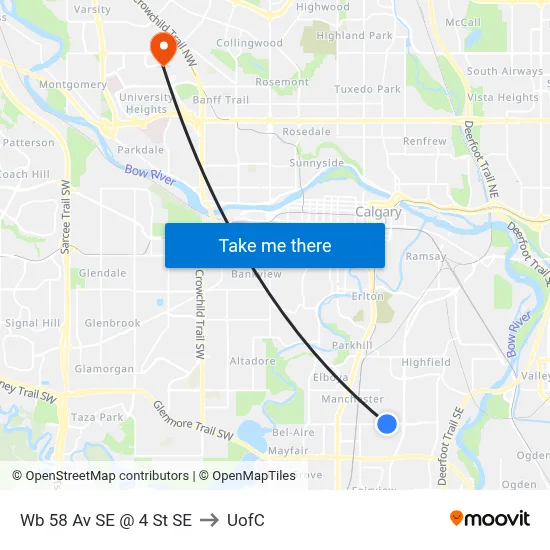 Wb 58 Av SE @ 4 St SE to UofC map