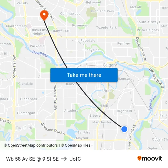 Wb 58 Av SE @ 9 St SE to UofC map