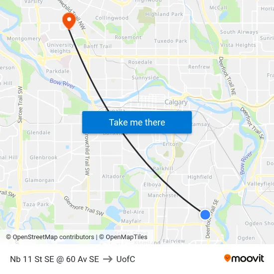 Nb 11 St SE @ 60 Av SE to UofC map