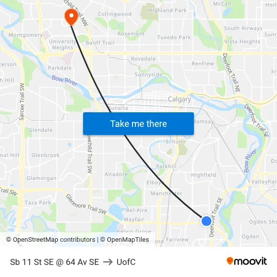 Sb 11 St SE @ 64 Av SE to UofC map