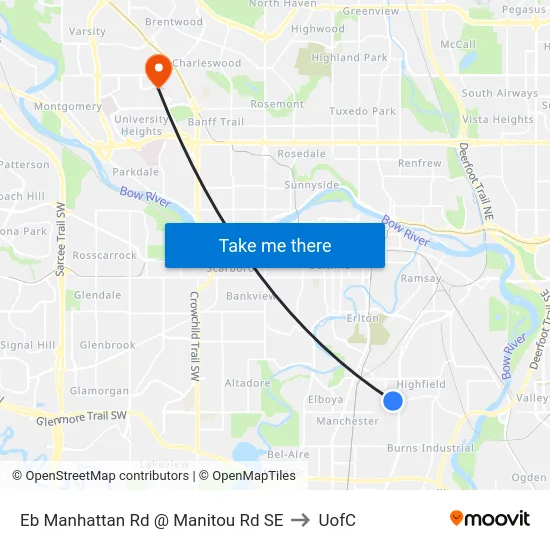 Eb Manhattan Rd @ Manitou Rd SE to UofC map