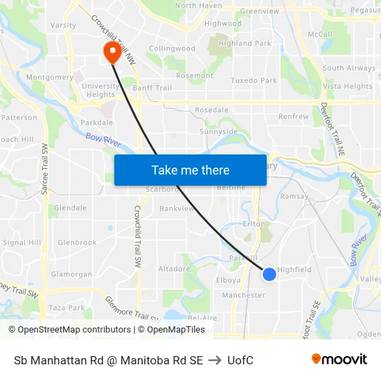 Sb Manhattan Rd @ Manitoba Rd SE to UofC map