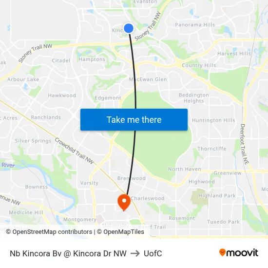 Nb Kincora Bv @ Kincora Dr NW to UofC map
