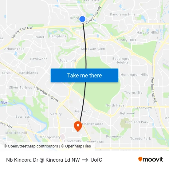Nb Kincora Dr @ Kincora Ld NW to UofC map