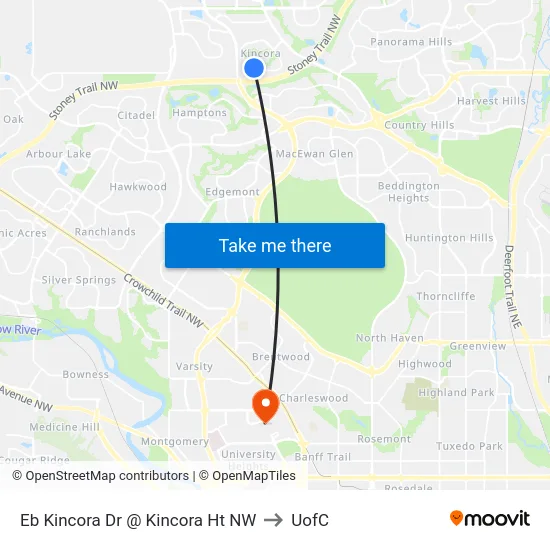 Eb Kincora Dr @ Kincora Ht NW to UofC map