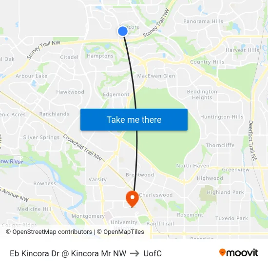 Eb Kincora Dr @ Kincora Mr NW to UofC map