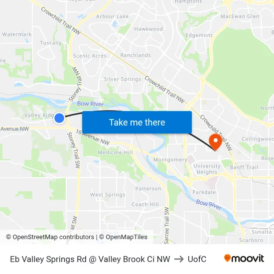 Eb Valley Springs Rd @ Valley Brook Ci NW to UofC map