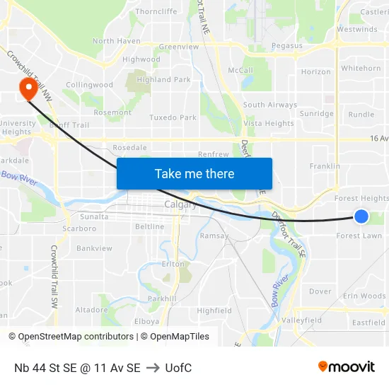 Nb 44 St SE @ 11 Av SE to UofC map