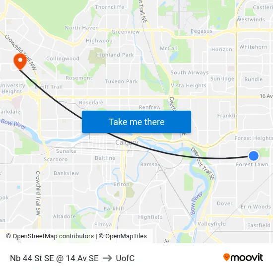 Nb 44 St SE @ 14 Av SE to UofC map
