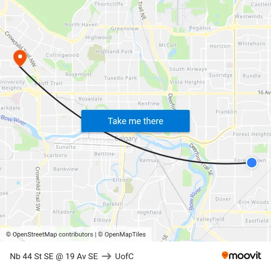 Nb 44 St SE @ 19 Av SE to UofC map