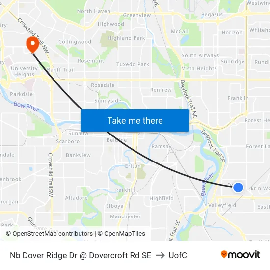Nb Dover Ridge Dr @ Dovercroft Rd SE to UofC map