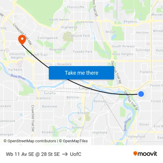 Wb 11 Av SE @ 28 St SE to UofC map
