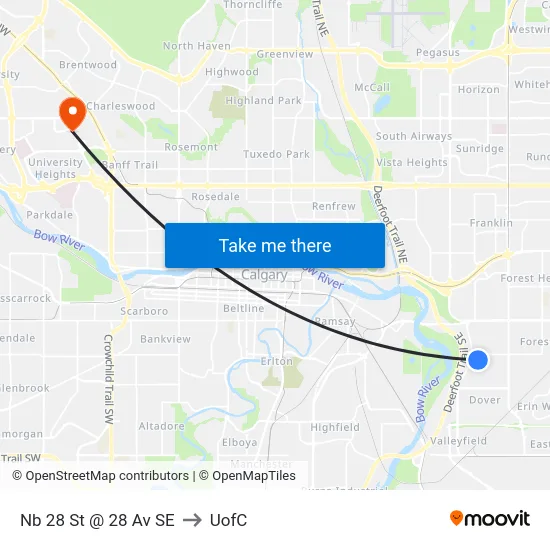 Nb 28 St @ 28 Av SE to UofC map