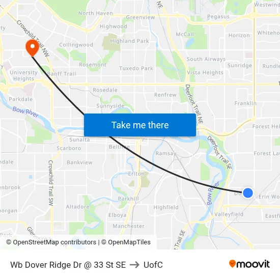 Wb Dover Ridge Dr @ 33 St SE to UofC map