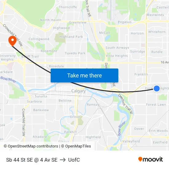 Sb 44 St SE @ 4 Av SE to UofC map