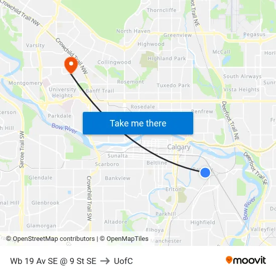 Wb 19 Av SE @ 9 St SE to UofC map