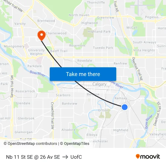 Nb 11 St SE @ 26 Av SE to UofC map