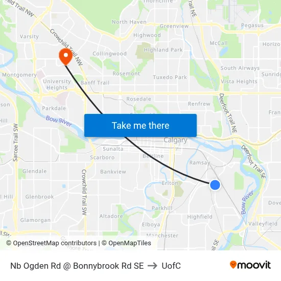 Nb Ogden Rd @ Bonnybrook Rd SE to UofC map