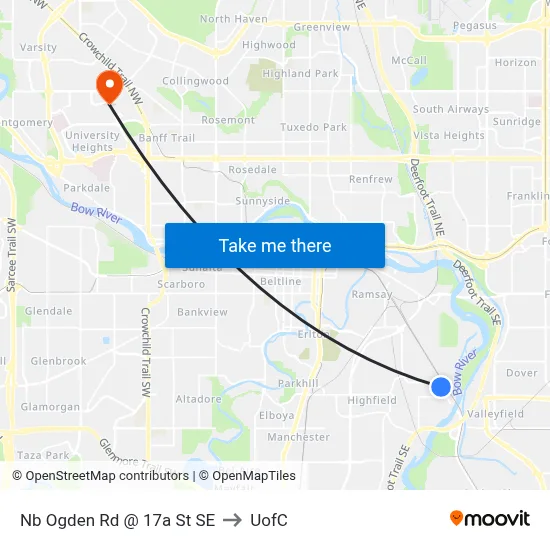 Nb Ogden Rd @ 17a St SE to UofC map