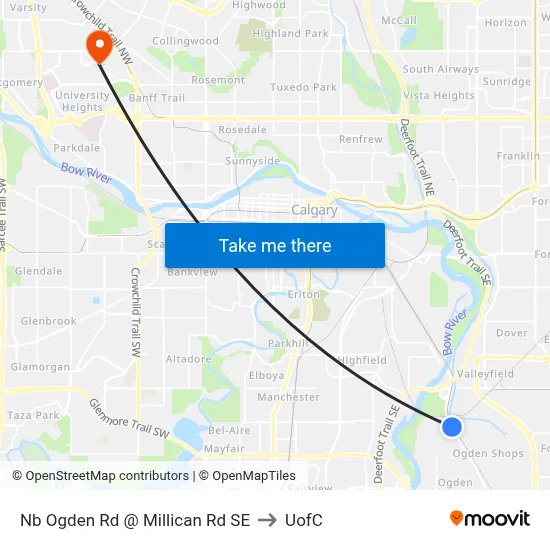 Nb Ogden Rd @ Millican Rd SE to UofC map