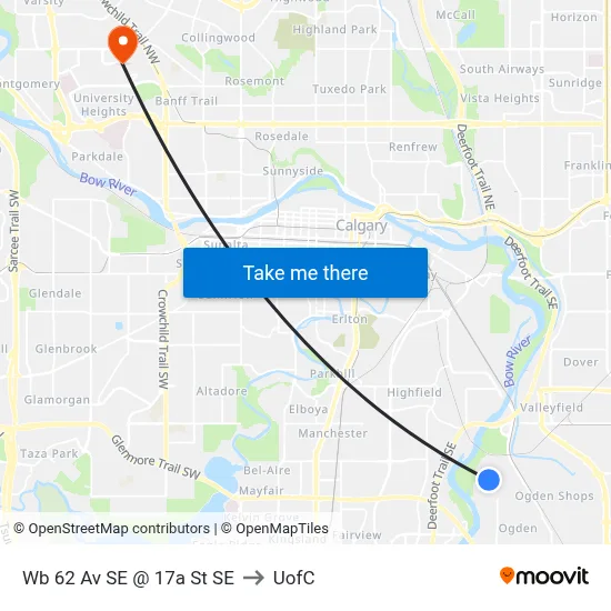 Wb 62 Av SE @ 17a St SE to UofC map