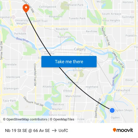 Nb 19 St SE @ 66 Av SE to UofC map