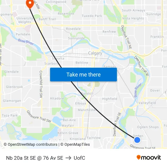 Nb 20a St SE @ 76 Av SE to UofC map