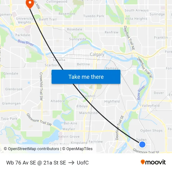 Wb 76 Av SE @ 21a St SE to UofC map