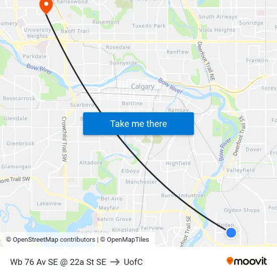 Wb 76 Av SE @ 22a St SE to UofC map
